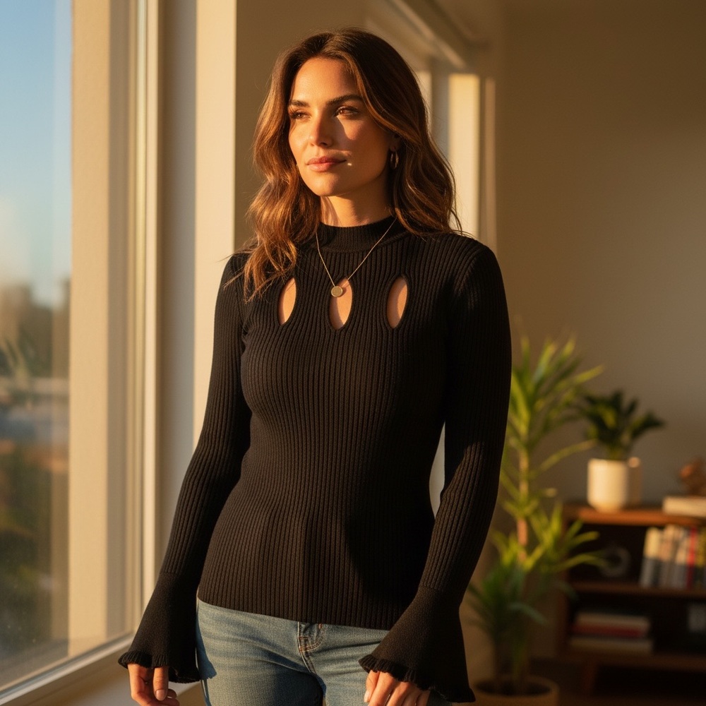 Candie’s Cutout Bell Long Sleeve Sweater Fairy Dark Romance Black Ribbed Top